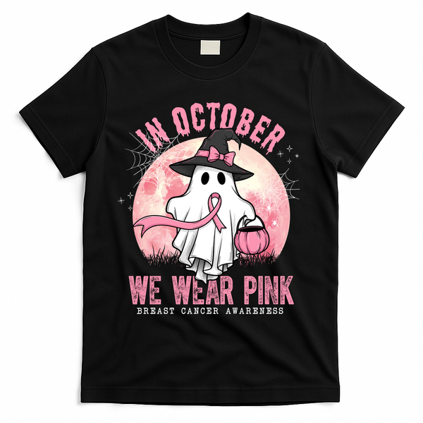 In October We Wear Pink Breast Cancer Halloween Ghost T-Shirt - Black