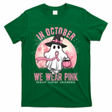 In October We Wear Pink Breast Cancer Halloween Ghost T-Shirt - Green