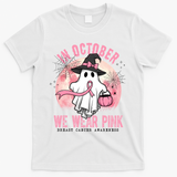 In October We Wear Pink Breast Cancer Halloween Ghost T-Shirt - White