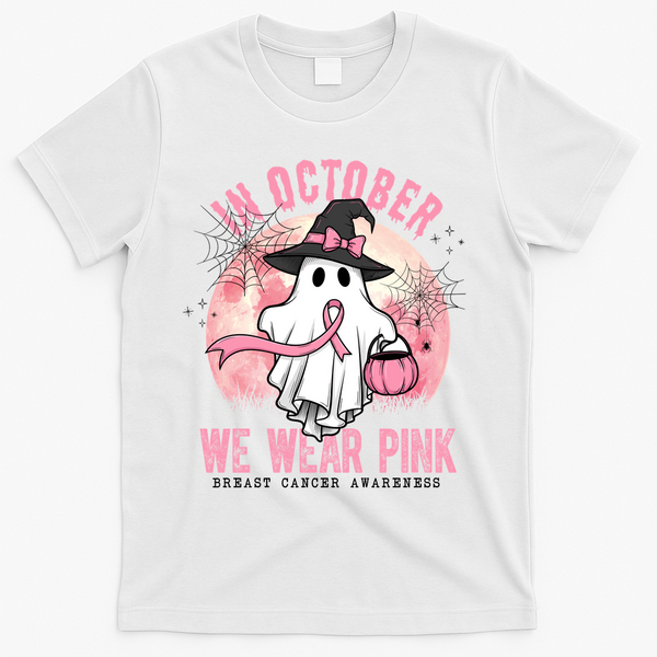 In October We Wear Pink Breast Cancer Halloween Ghost T-Shirt - White