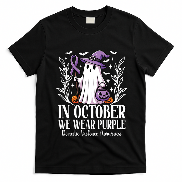 In October We Wear Purple Domestic Violence Ghost Halloween T-Shirt - Black