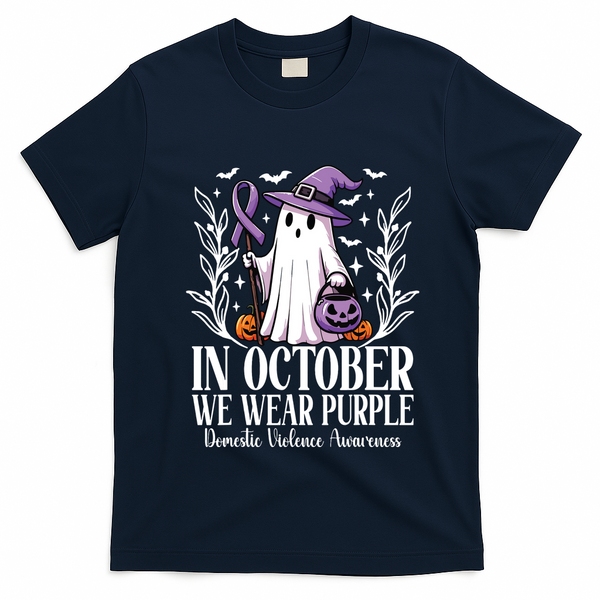 In October We Wear Purple Domestic Violence Ghost Halloween T-Shirt - Navy Blue