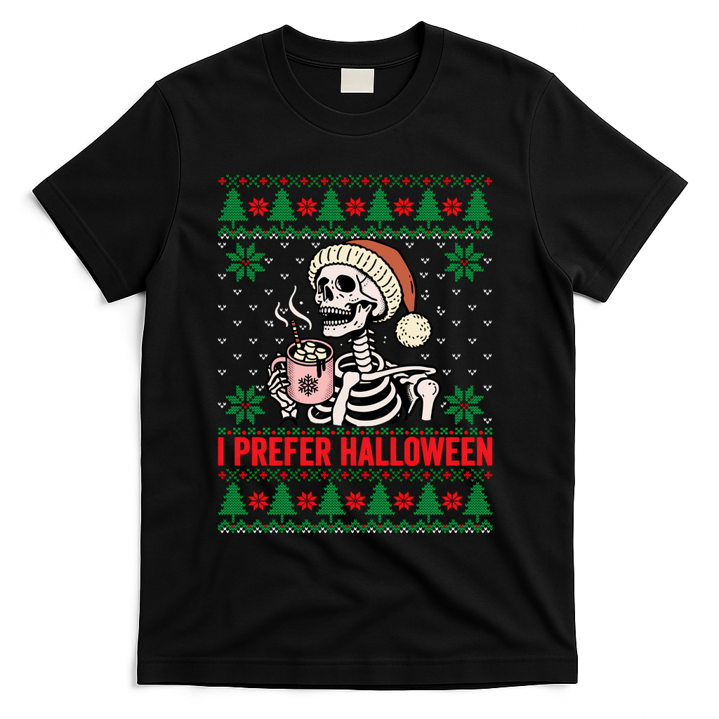 I Prefer Halloween Christmas Sweater Funny Holiday Ugly Xmas Sweatshirt T-Shirt - Black