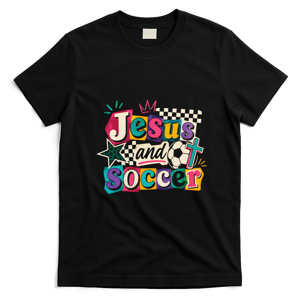 Jesus And Soccer Faith Inspired Graphic T-Shirt - Black