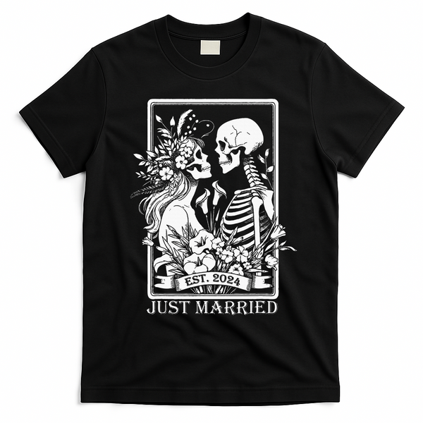 Just Married Est 2024 Halloween Skeleton Couples T-Shirt - Black