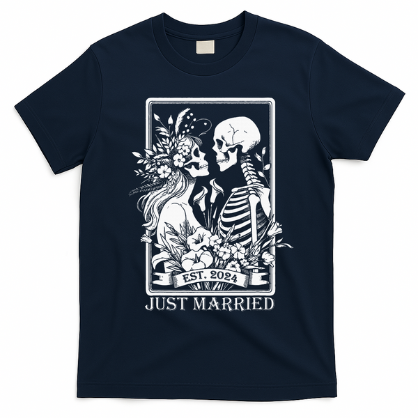 Just Married Est 2024 Halloween Skeleton Couples T-Shirt - Navy Blue