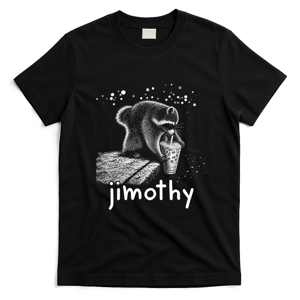 Jimothy The Raccoon Enjoying A Ice Coffee Drink T-Shirt - Black