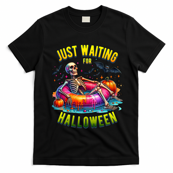 Just Waiting For Halloween Spooky Skeleton Summer Funny T-Shirt - Black