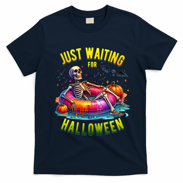 Just Waiting For Halloween Spooky Skeleton Summer Funny T-Shirt - Navy Blue