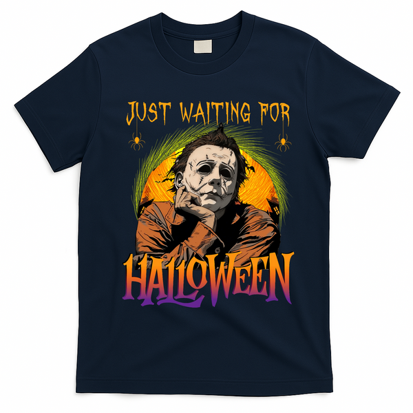 Just Waiting Halloween Horror Character Scary Movie T-Shirt - Navy Blue