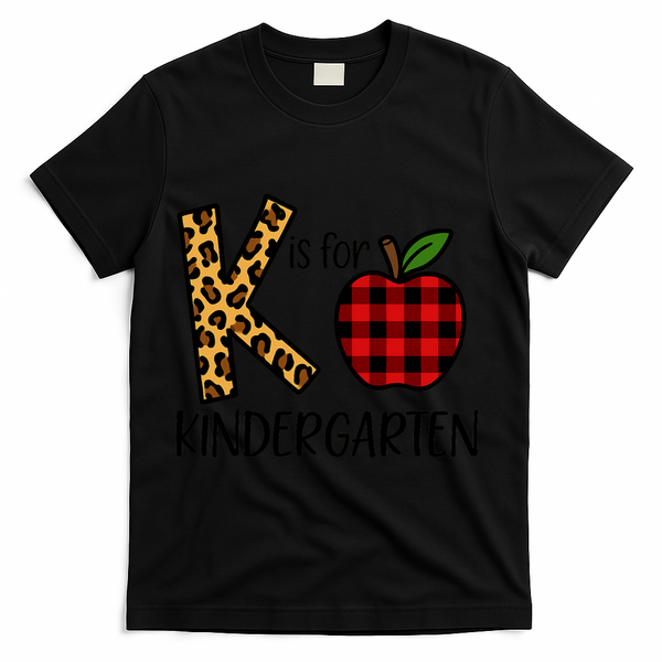 K Is For Kindergarten Teacher Leopard Buffalo Plaid T-Shirt - Black