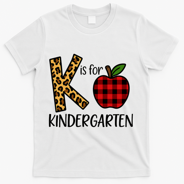 K Is For Kindergarten Teacher Leopard Buffalo Plaid T-Shirt - White