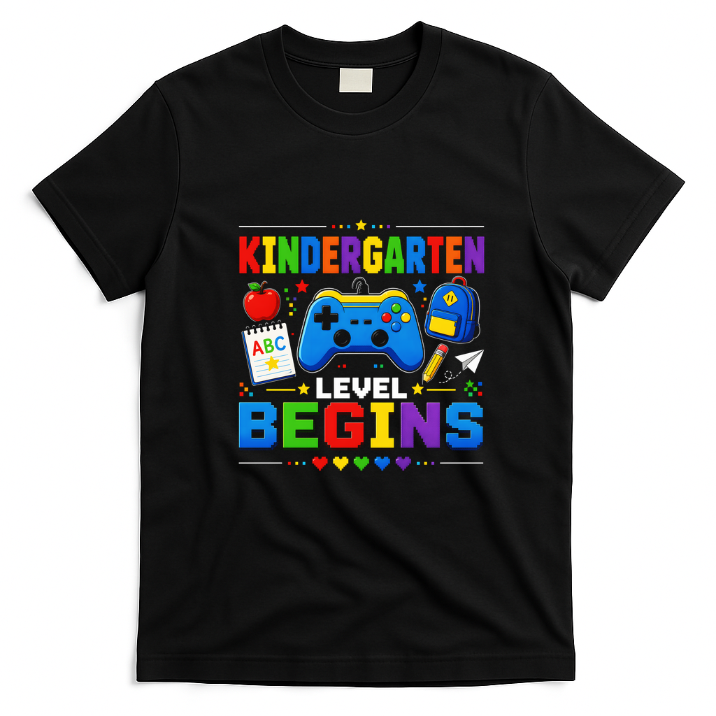 Kindergarten Level Begins Gaming Gamer Cute Back To School T-Shirt - Black