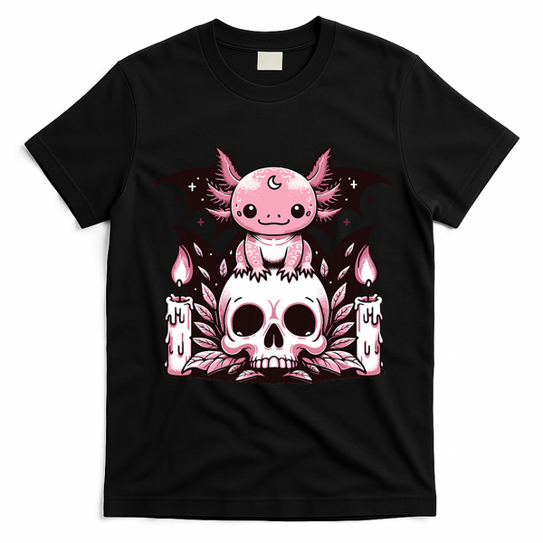 Kawaii Pastel Goth Cute Creepy Axolotl Bat Skeleton T-Shirt - Black