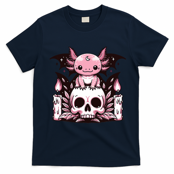 Kawaii Pastel Goth Cute Creepy Axolotl Bat Skeleton T-Shirt - Navy Blue