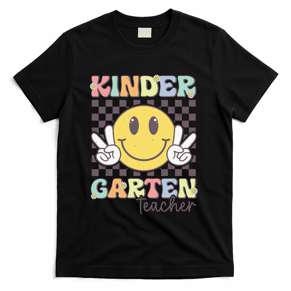 Kindergarten Teacher Team Hippie Smile Face Back To School T-Shirt - Black