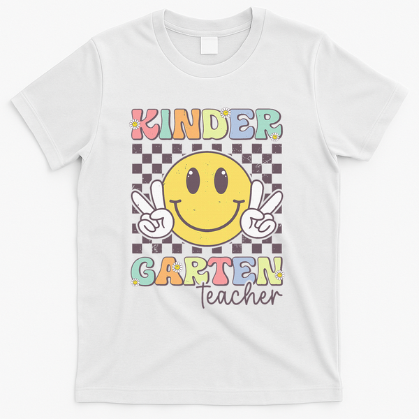 Kindergarten Teacher Team Hippie Smile Face Back To School T-Shirt - White
