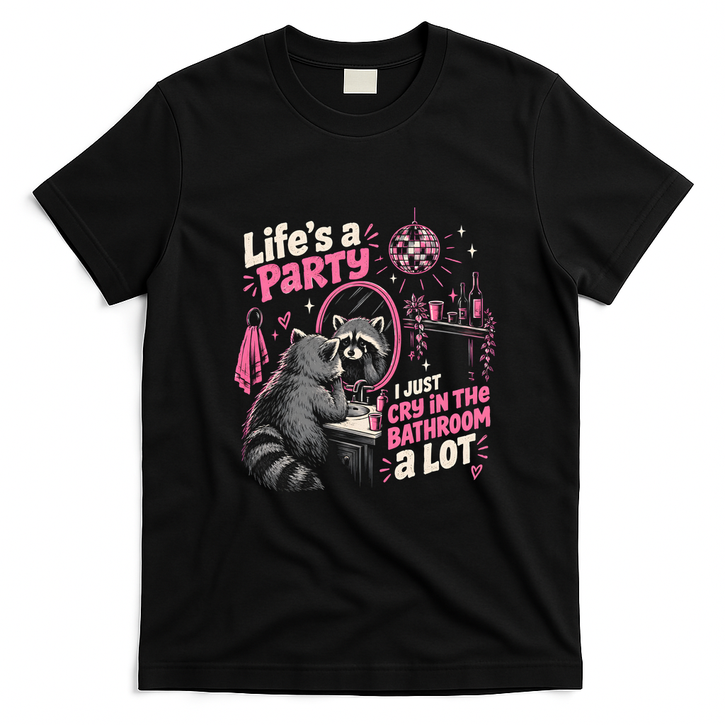 Life Is A Party Funny Raccoon Retro T-Shirt - Black