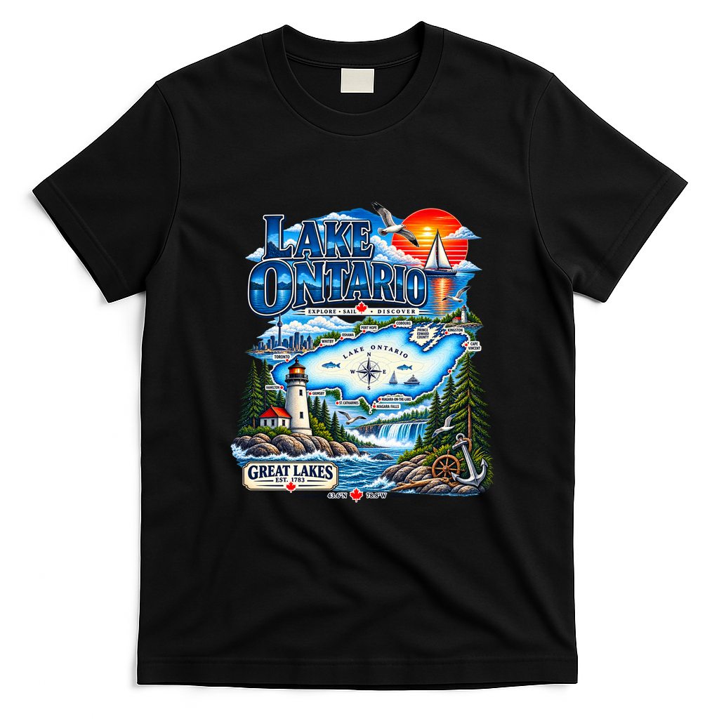 Lake Ontario Great Lakes Canada Explore Sail Discover Vintage T-Shirt - Black