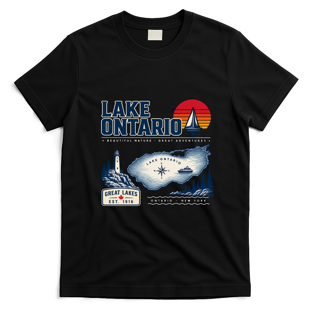 Lake Ontario New York Map Vintage Est 1615 T-Shirt - Black