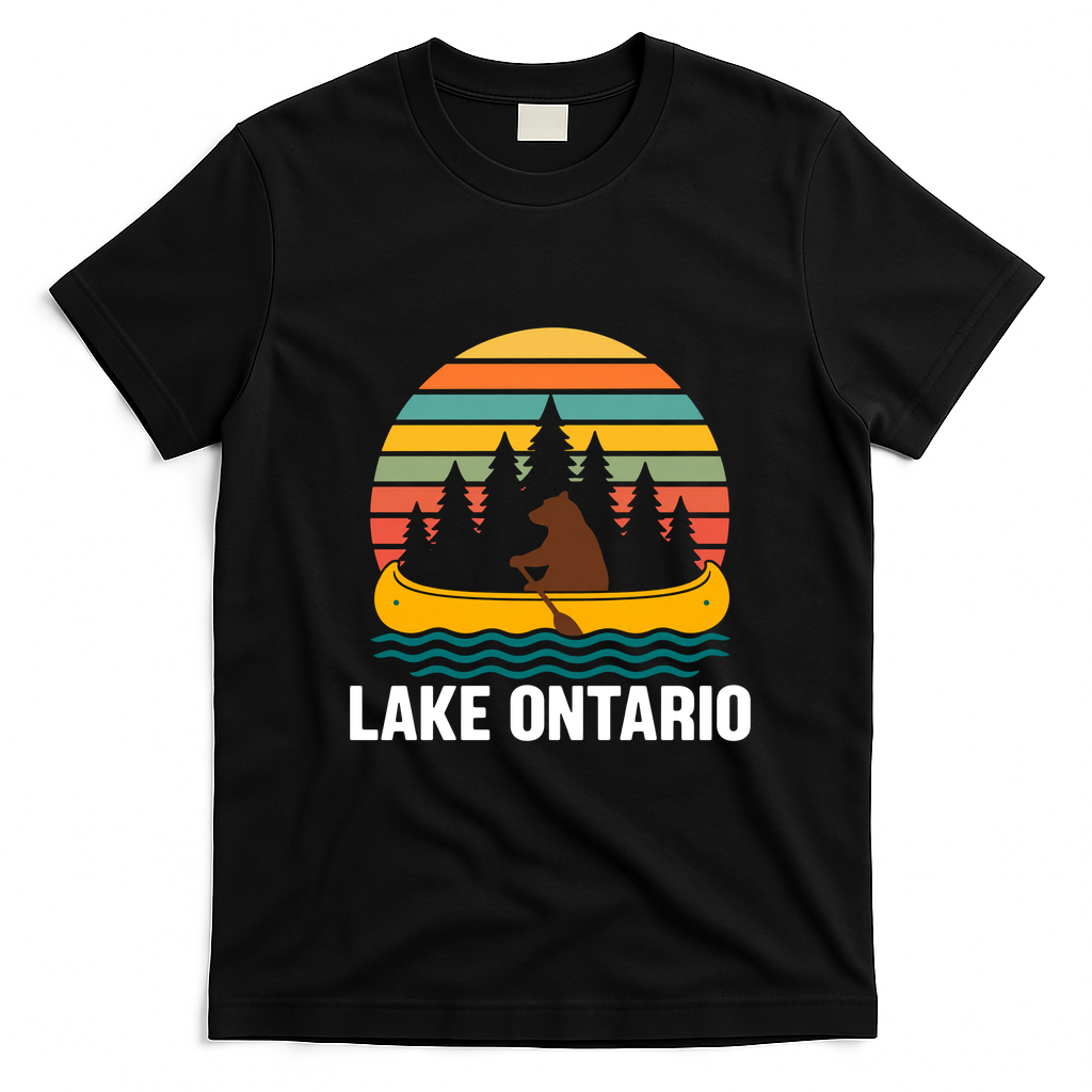 Lake Ontario Retro Sunset Bear Canoe Outdoor Hiking T-Shirt - Black