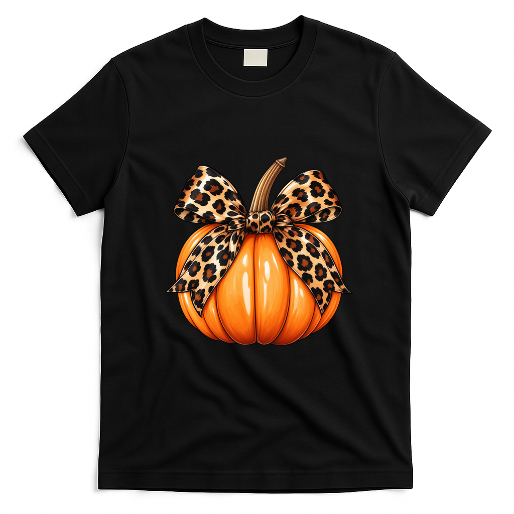 Leopard Print Pumpkin Bow Fall Harvest Decor Autumn T-Shirt - Black