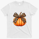 Leopard Print Pumpkin Bow Fall Harvest Decor Autumn T-Shirt - White