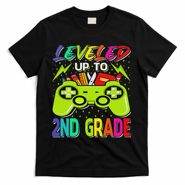 Leveled Up To 2nd Grade Gamer Back To School First Day T-Shirt - Black