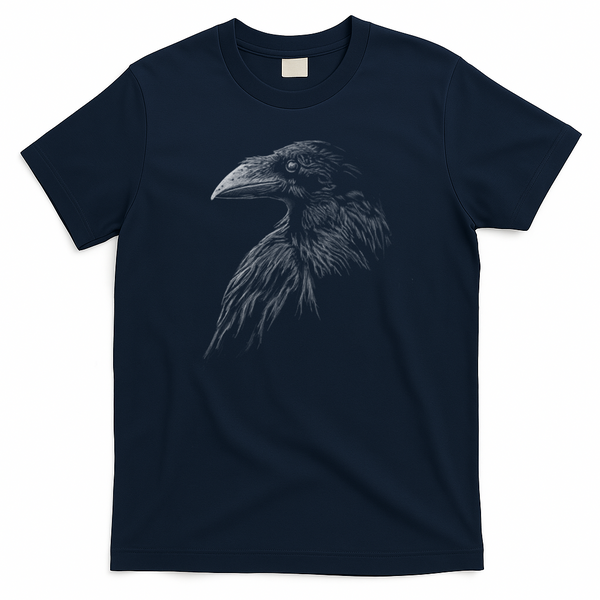 Mystical Black Raven Illustration Crow Artwork T-Shirt - Navy Blue