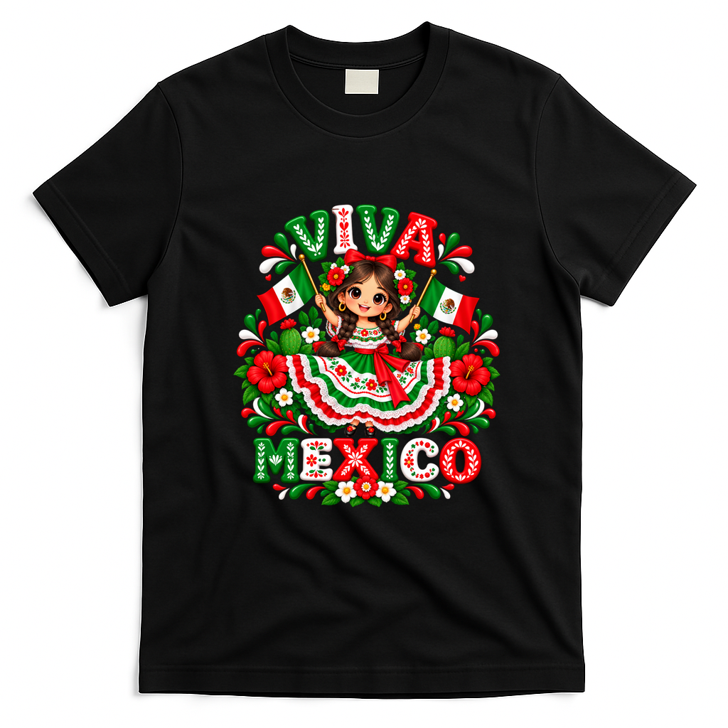 Mexican Girl Flag Independence Day Viva Mexico T-Shirt - Black
