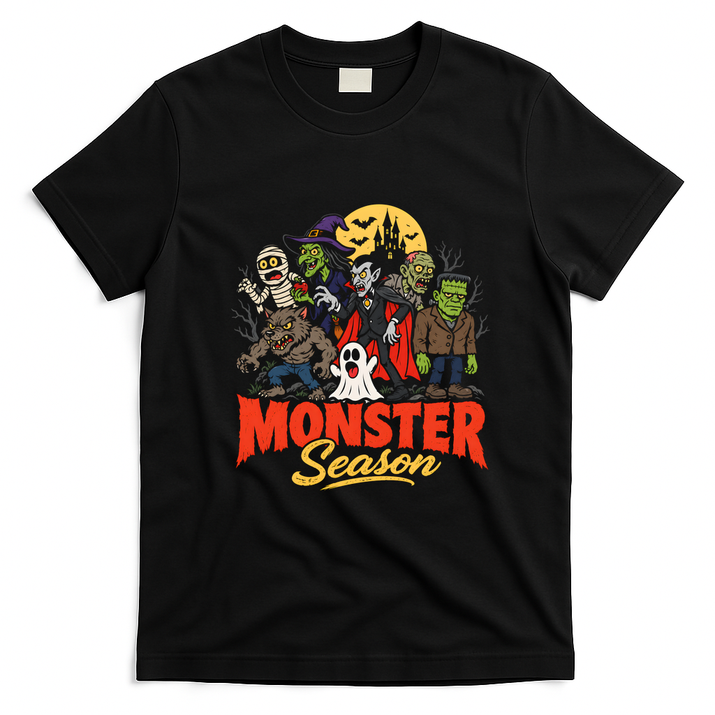 Monster Season Cute Funny Halloween Spooky Vintage T-Shirt - Black