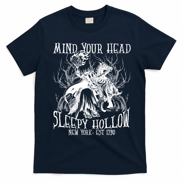 Mind Your Head Headless Horseman Est 1790 Headless Horseman Horror T-Shirt - Navy Blue