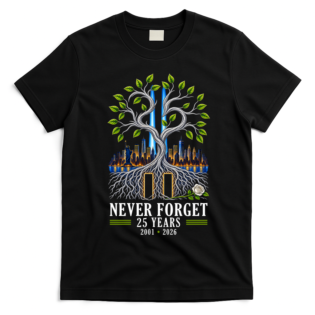 Never Forget 25 Years 911 Memorial 25th Anniversary T-Shirt - Black