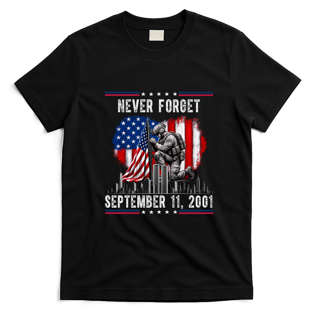 Never Forget September 11 2001 Memorial Day American Flag T-Shirt - Black