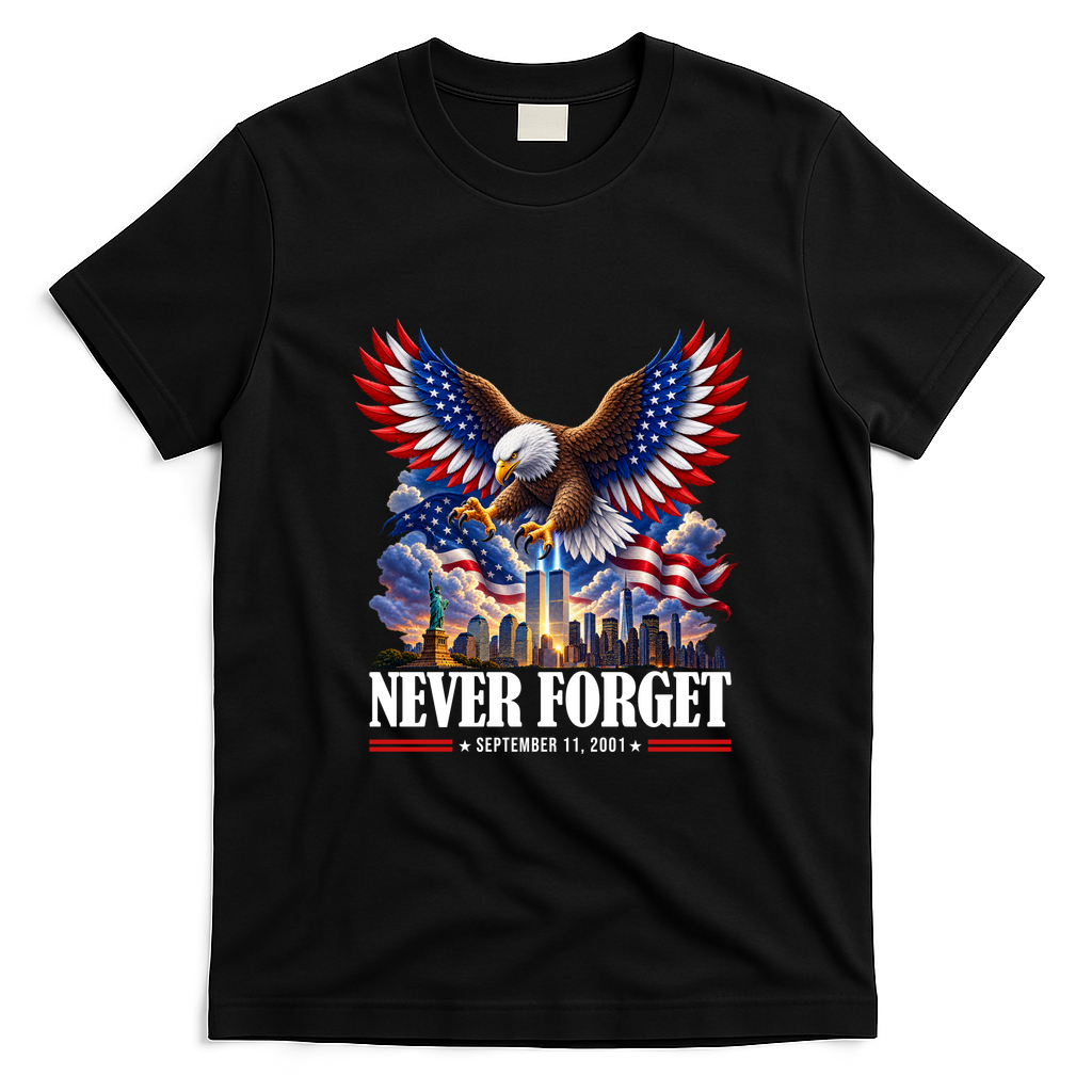 Never Forget September 11 2001 9/11 American Bald Eagle T-Shirt - Black