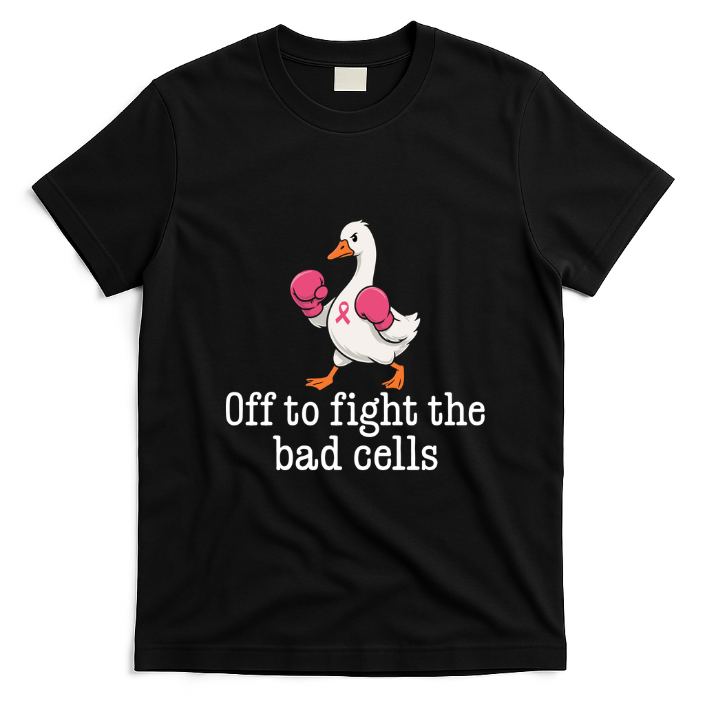 Off To Fight The Bad Cells Boxing Duck Pink Gloves Fighting Against Breast Cancer T-Shirt - Black