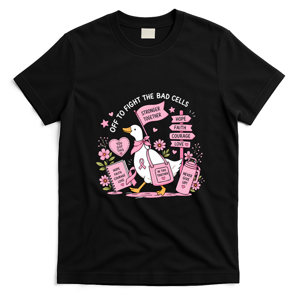 Off To Fight The Bad Cells Duck Breast Cancer Funny T-Shirt - Black