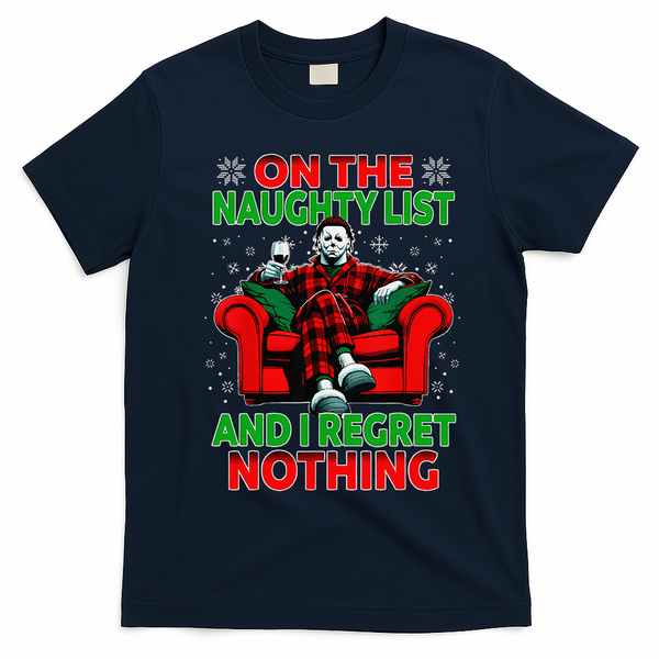 On The Naughty List And I Regret Nothing Horror Christmas T-Shirt - Navy Blue