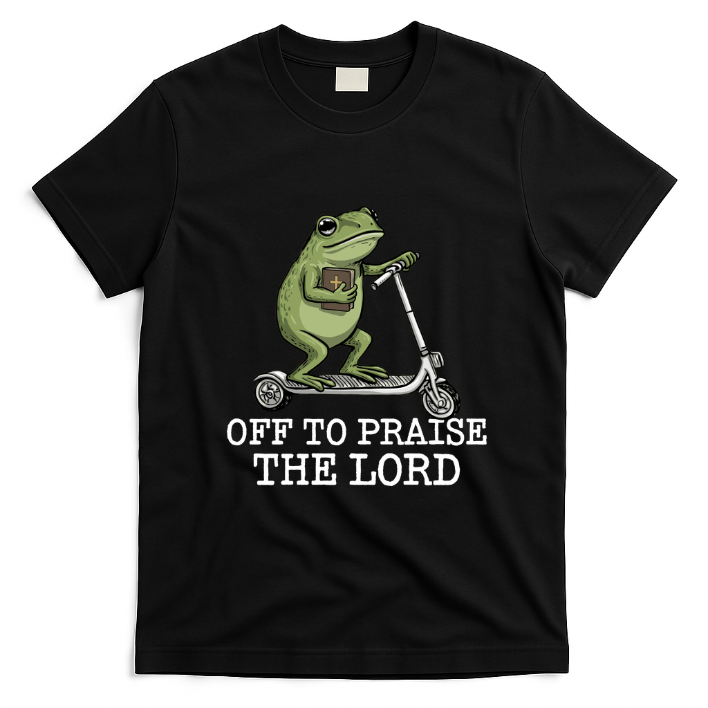 Off To Praise The Lord Funny Christian Frog Meme T-Shirt - Black