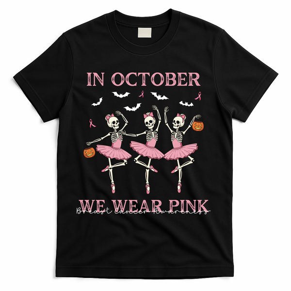 Octover We Wear Pink Breast Cancer Halloween Dancing Skeletons T-Shirt - Black