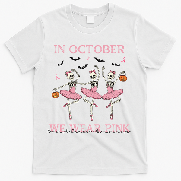 Octover We Wear Pink Breast Cancer Halloween Dancing Skeletons T-Shirt - White
