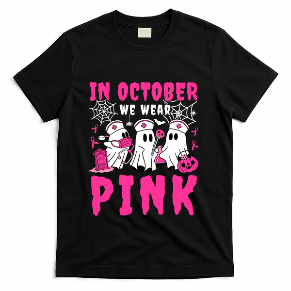 October We Wear Rn Nurse Ghost Halloween Breast Cancer Cool Gift T-Shirt - Black