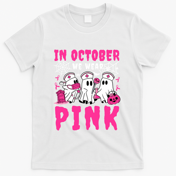 October We Wear Rn Nurse Ghost Halloween Breast Cancer Cool Gift T-Shirt - White