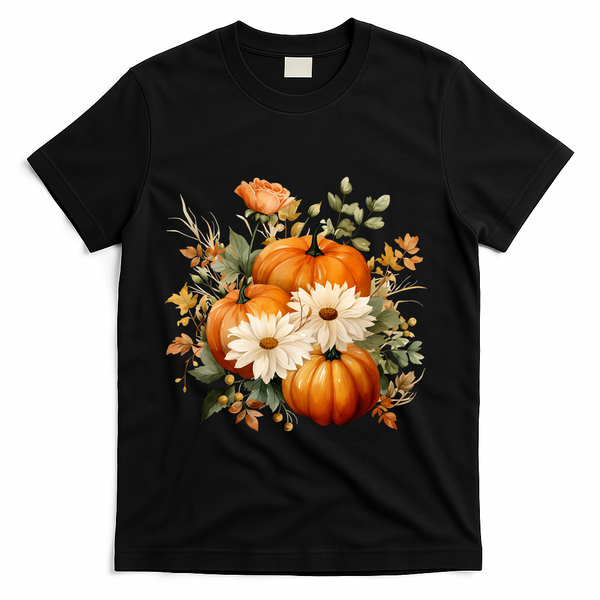 Pumpkin Fall Floral Festive T-Shirt - Black