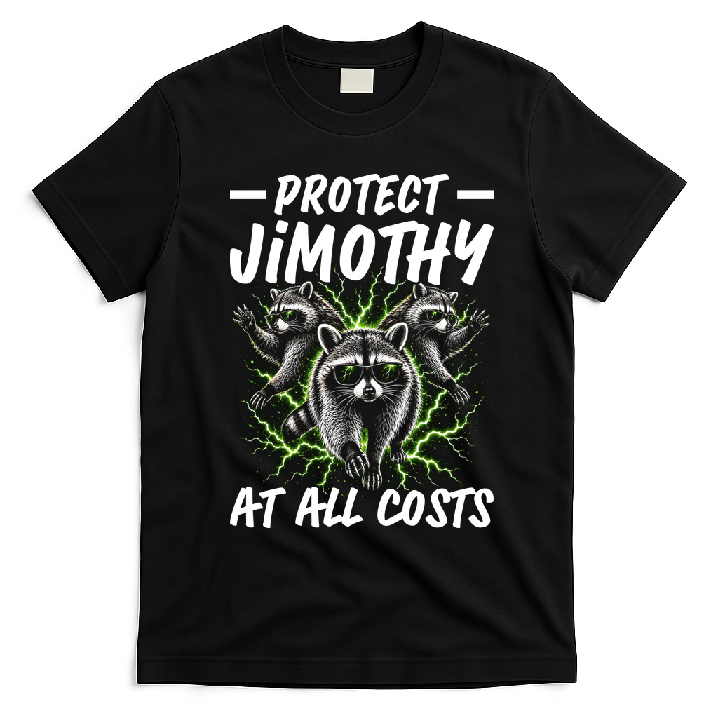 Protect Jimothy At All Cost Funny Raccoon Meme T-Shirt - Black