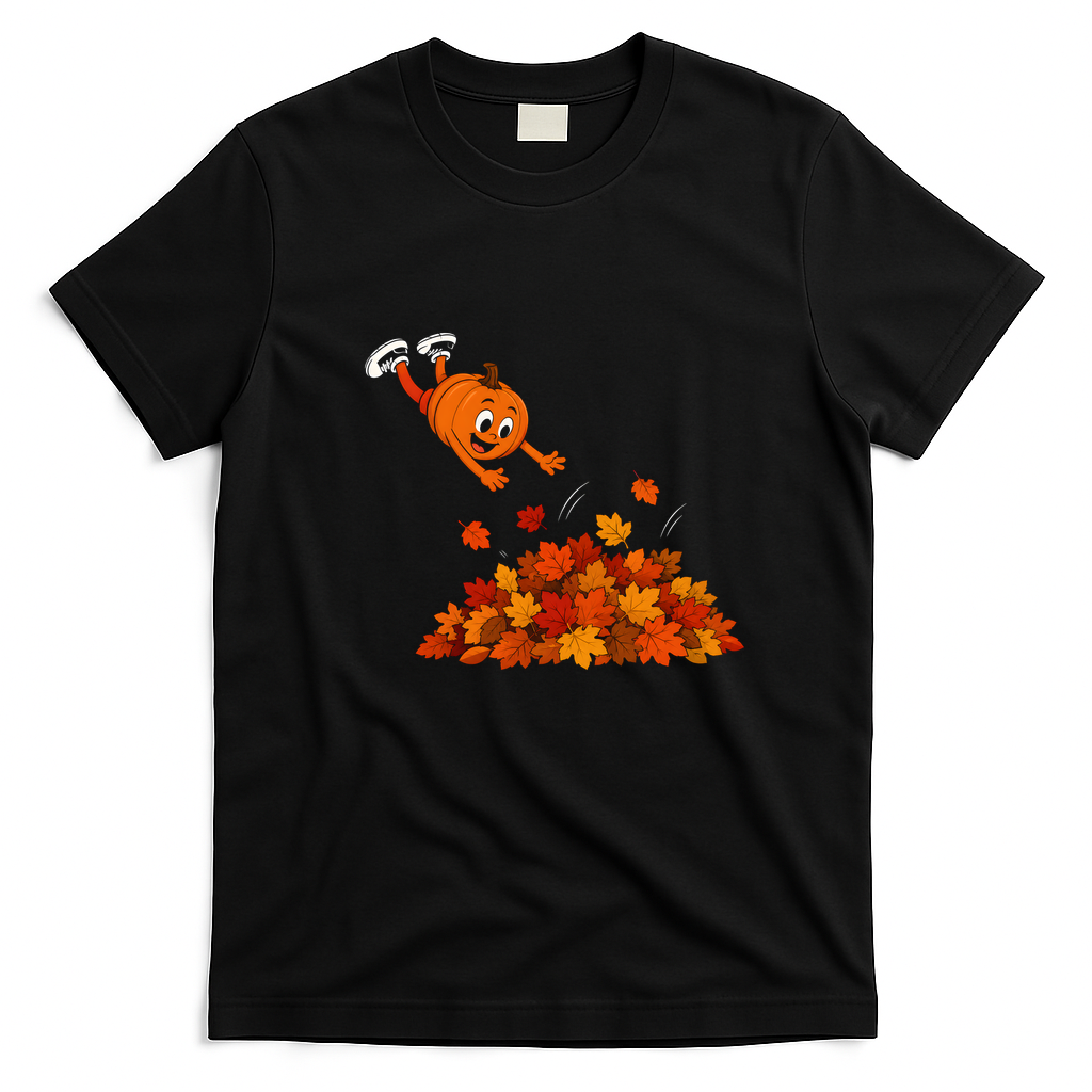 Pumpkin Jumping Into Fall Autumn Leaves T-Shirt - Black