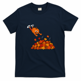Pumpkin Jumping Into Fall Autumn Leaves T-Shirt - Navy Blue