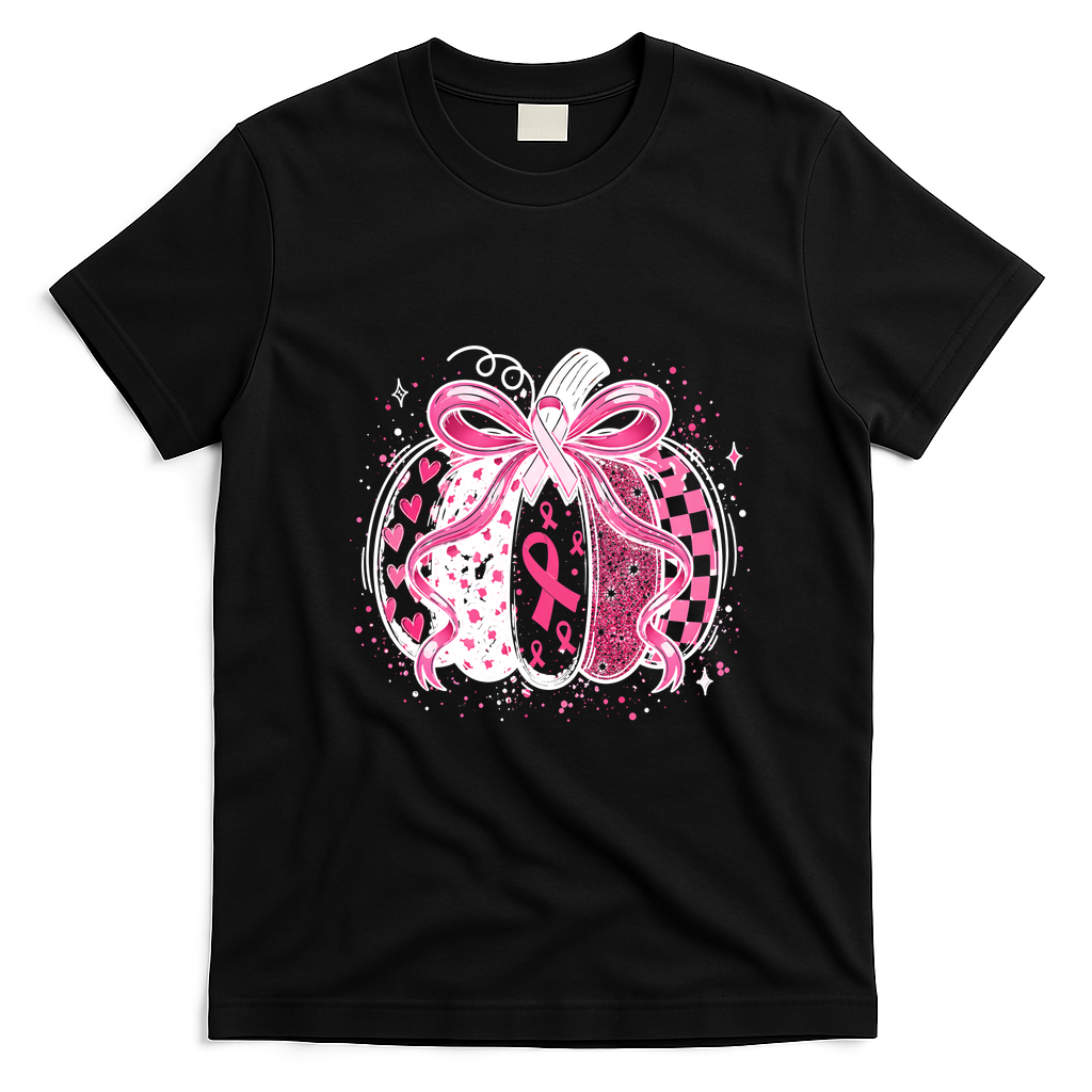 Pink Pumpkin Breast Cancer Awareness Halloween Gift T-Shirt - Black