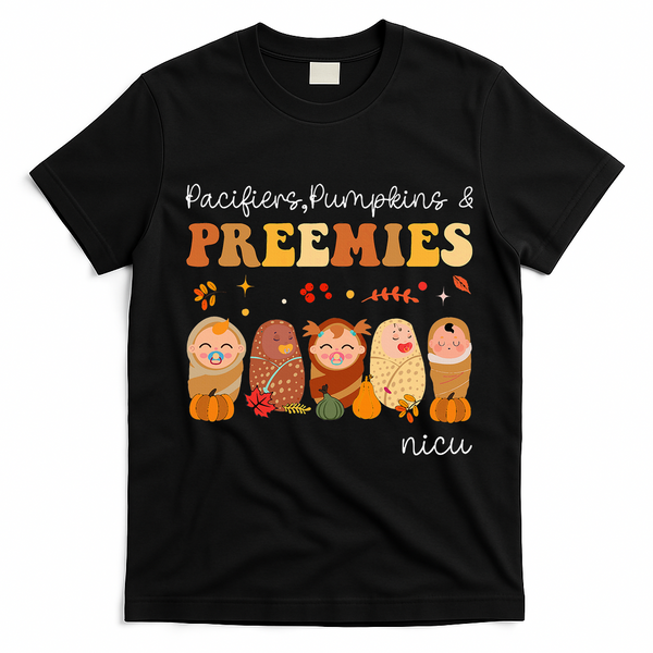 Pacifiers Pumpkins & Preemies Neonatal Nicu Nurse Halloween T-Shirt - Black