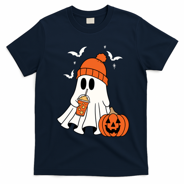 Pumpkin Spice Ghost Spooky Season T-Shirt - Navy Blue